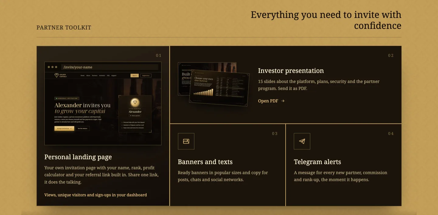 Partner toolkit: landing page, presentation, banners and Telegram alerts